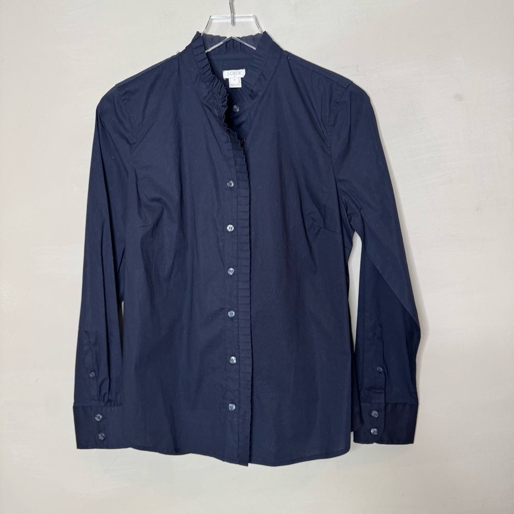 J. Crew black long-sleeve ruffle-collar button-up shirt in cotton poplin size m